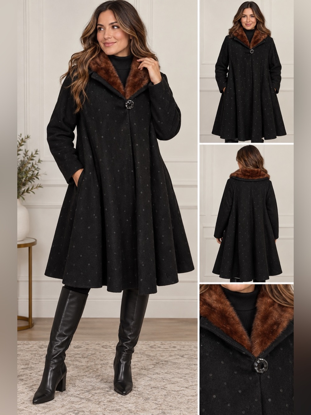 Vintage Anne Wallsten Paris Black Swing Coat Brown Fur Collar Polka Dot